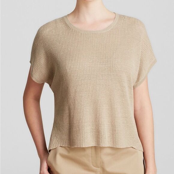 Theory Talavyn Golino Beige Ribbed Linen Knit Sweater - Picture 1 of 6